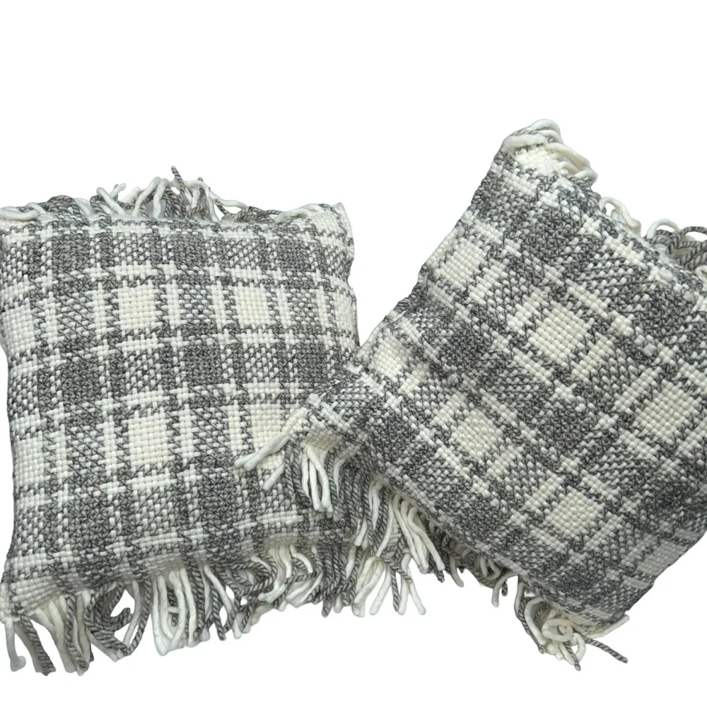 Magnolia Home Neutral Stunning gray wool plaid high quality 2 pillow COvers